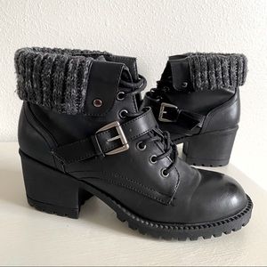 Rouge Helium Black Combat Boots with Gray Knit Cuff